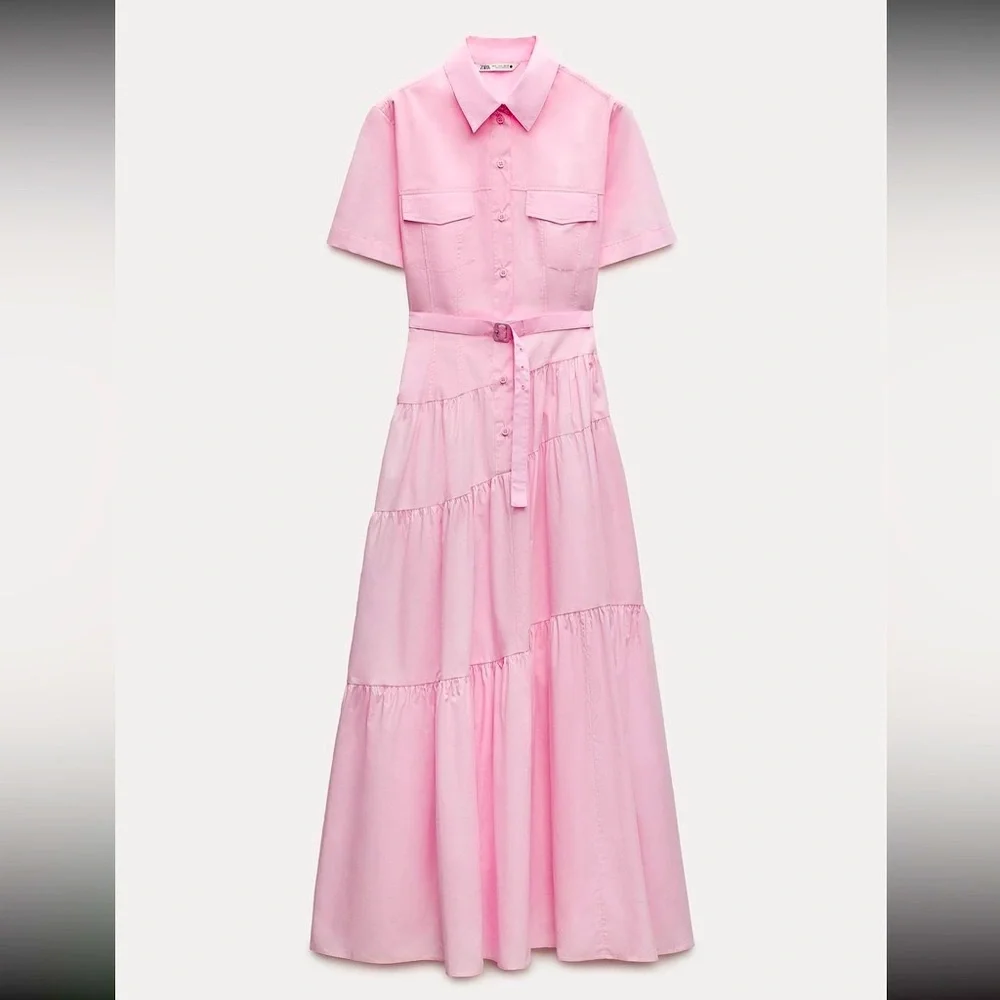 Zara ZW COLLECTION POPLIN SHIRTDRESS, pastel  pink, cotton, tiered